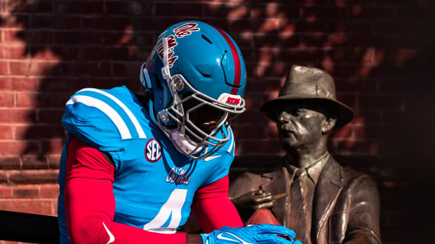 Ole Miss freshman linebacker Suntarine Perkins took on the modeling duties this week for the Rebels' uniform reveal. (Photo courtesy of Ole Miss Athletics)